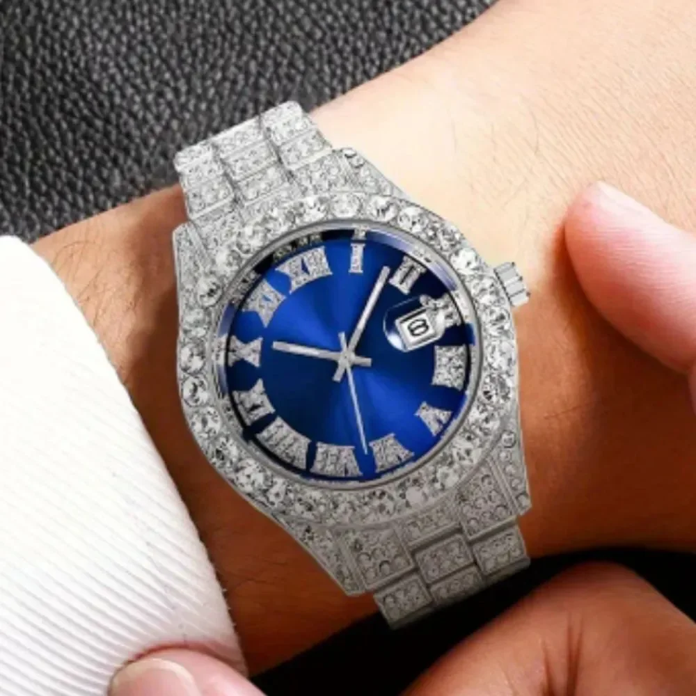 Mens Simulated Diamond Cuban Link With Blue Face Watch